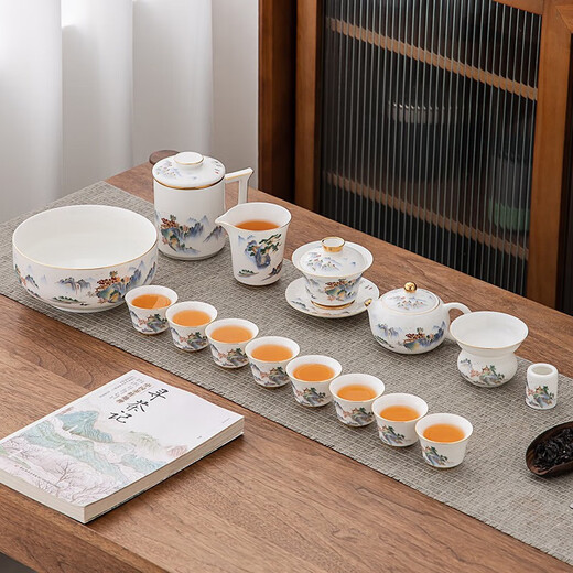 Large gold inlaid jade mutton fat jade porcelain tea set complete set of white porcelain Kung Fu tea set gift box Shanshui Qingyin