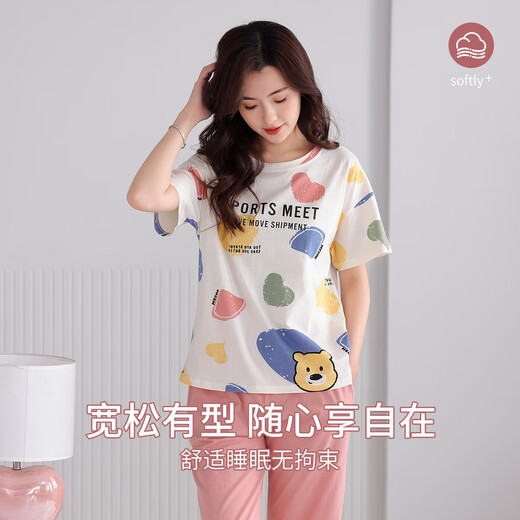 爱戴睡衣女夏季短袖薄款透气纯棉套装七分裤卡通可爱休闲可外穿家居服 9848-香槟色 M