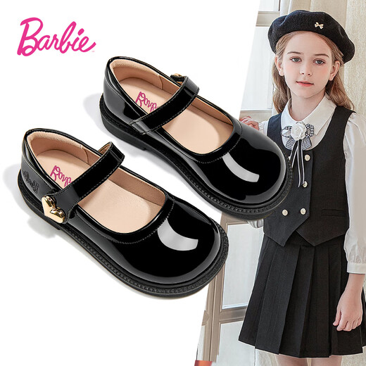 Barbie Children's Shoes Girls Spring and Autumn Single-Leather Small Leather Shoes Student Campus Performance Black Leather Shoes Bright Leather DA6711 Black 38