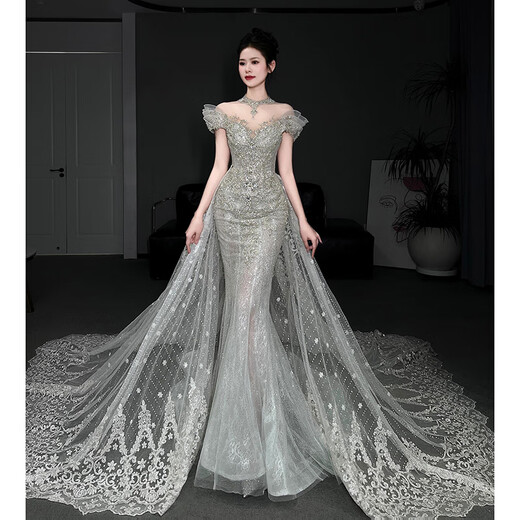 勤驰新品鱼尾轻婚纱新娘法式出门纱一字肩重工主纱高级质感小拖尾 婚纱鱼尾裙送七 M 均码