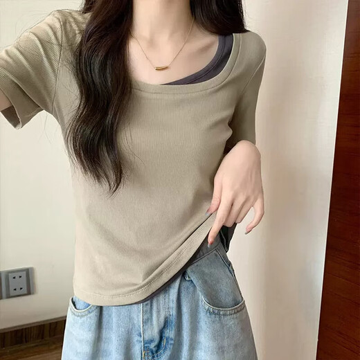 拼接撞色方领黑色短袖假两件女生夏季新款ins内搭打底短款上衣 杏色 【KK-R719】 M