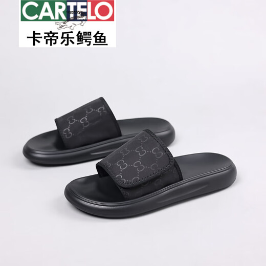 卡帝乐鳄鱼（CARTELO）拖鞋男夏季2025新款时尚百搭软底沙滩鞋男士外穿防水防臭一字拖鞋 黑色6189 38