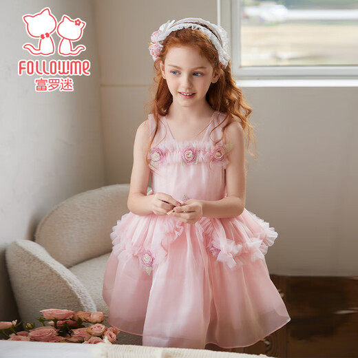 Fuluo Mi Girls Dress Summer Sleeveless Breathable Three-dimensional Flower Princess Dress Mesh Dress Pink 150