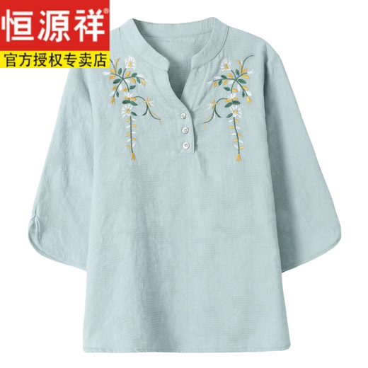 恒源祥母亲节妈妈夏装棉麻套装国风绣花短袖T恤中老年女装新中式两件套 9903绿色 XL 建议80-110斤