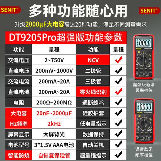 Quwudou personalizado nuevo multímetro de voz digital electricista de alta precisión Especial mantenimiento especial totalmente automático Pantalla digital anti-quema DT9205Pro Versión [Estándar oficial]