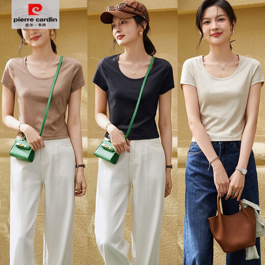 皮尔卡丹（pierre cardin）【1342人收藏】纯棉短款2025夏装新款丝光棉白t恤女纯色圆领体恤 白色圆领 L