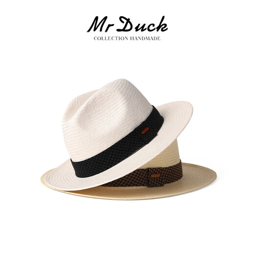 MR DUCK2025 Neues Produkt, leichte und atmungsaktive Panama-Hut, Männer und Frauen, handgepflegtes Baumwoll- und Leinenplaid-Gurtband, Sonnenschutz-Strohhalm MS56328-IVORY BEIGE/COUTWOLLE UND Leinenplaid-Gurtband (57-58cm)