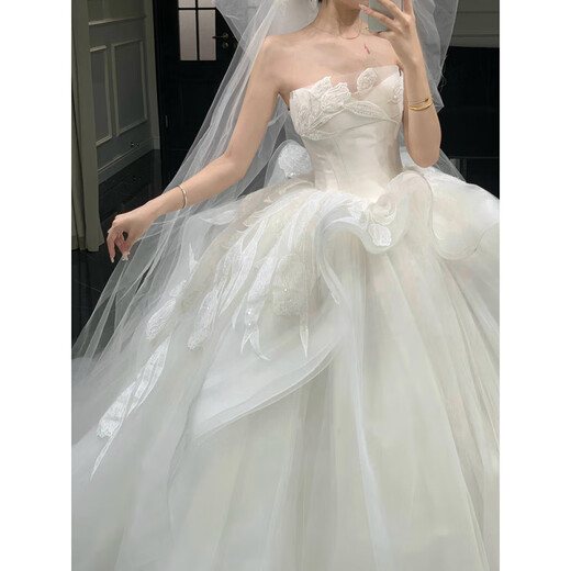 Kangdumi Hochzeitskleid, Hauptgarn der Braut, kleines trägerloses Kleid 2025 neuer Stil schwangerer Frauenhauptgarnstruktur, großer Größe, Schlanker und Schwanz, komplettes Stil (sieben Teilset) s