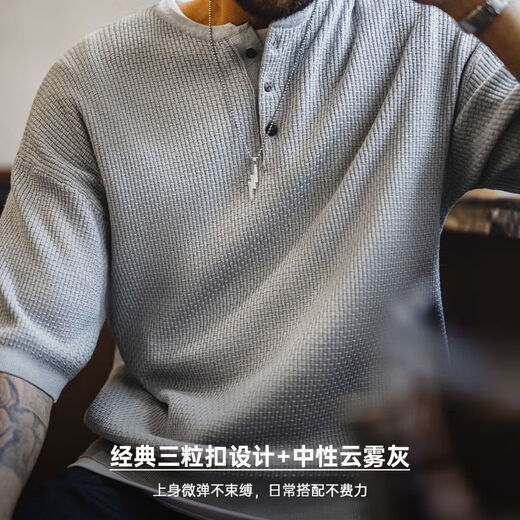 马登工装 美式竹节纹亨利衫短袖老钱垂感针织灰色宽松半袖T恤男夏 云雾灰 L