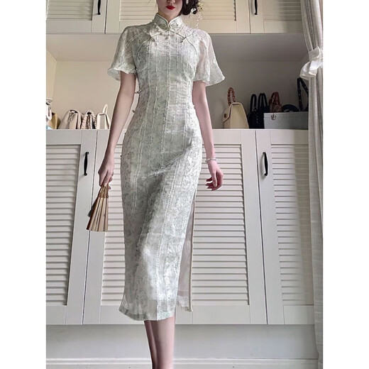 Shen Whale Cheongsam Young Daily Girl rétro rétro rétro à manches à manches à manches à manches courtes petites et frais 829 Green L
