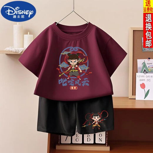 迪士尼（DISNEY）哪吒之魔童闹海男童女童纯棉短袖2025夏季新款儿童短裤套装两件套 1092#后包T酒红+小1098#黑短裤 90