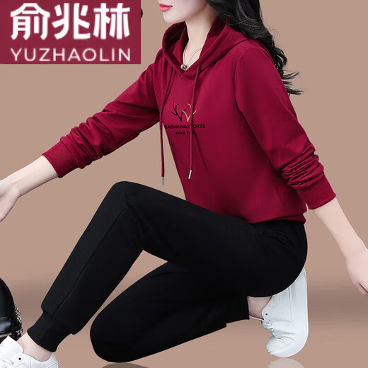 
Yu Zhaolin (YUZHAOLIN) hooded women's sweatshirt sports suit for women's spring and autumn 2025 new middle-aged autumn outfit loose casual sports two-piece set wine red 753 M (80-95Jin [Jin equals 0.5 kg])