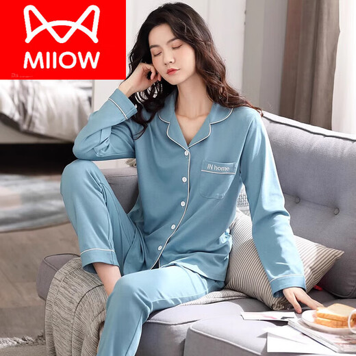 Catman (Miiow) Pure Cotton Pajama для женщин с длинными рукавами весенняя и осенняя кардигана, корейская версия простой твердый цвет тонкий стиль для открытого костюма для домашней одежды летний элегантный синий WD9902 L [Рекомендуется 100 120 Jin [Jin равно 0,5 кг]]]