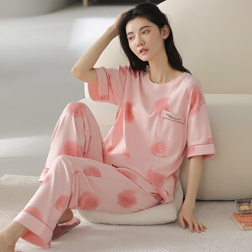 浪莎2025夏季新款小清新睡衣女夏季纯棉短袖长裤可外穿夏天家居服套装 T9715 M码[建议80-100斤穿] 均码