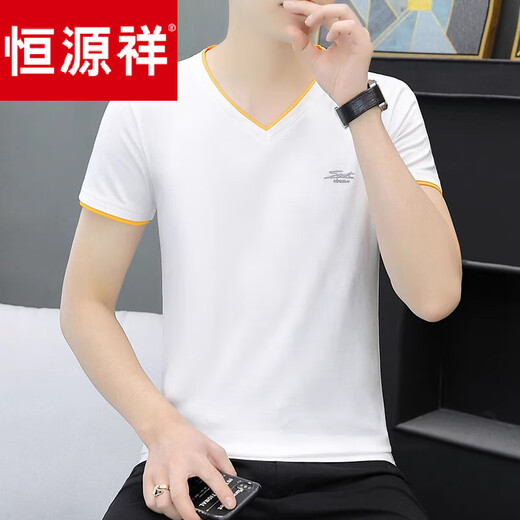 恒源祥2025新款新疆纯棉男士短袖t恤衫打底衫V领体恤半袖夏装上衣服 02组-QY691白色+M7203白色 M 【建 议：85斤至100斤】