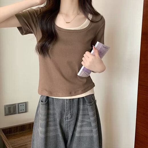 拼接撞色方领黑色短袖假两件女生夏季新款ins内搭打底短款上衣 杏色 【KK-R719】 M