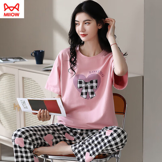 Cat man pure cotton pajamas for women in spring and summer short-sleeved trousers casual loose women Korean style home clothes for autumn wear suit T-9720 (short-sleeved trousers) M (85-105Jin [Jin equals 0.5 kg])