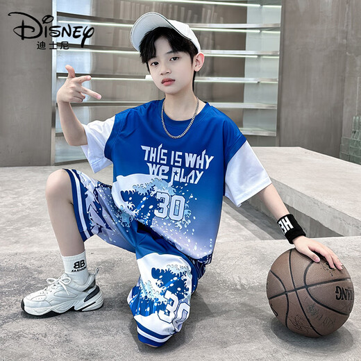 迪士尼（Disney）男童夏季套装库里30号球衣中大童短袖篮球服儿童运动速干衣两件套 9908蓝色 170