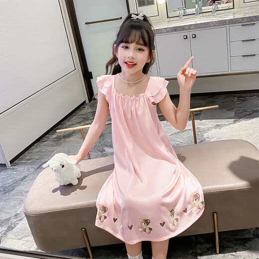 Сказка о прохладной девушке ICE шелк Silk Nightgown Summer's Sment's Litsh's Small Flying Flye Dress Домашняя одежда в интернет -знаменитости горячее ремешок для пижамы можно носить за пределами Qy 1345 Pink 140 Рекомендуемого размера высота около 130 см.