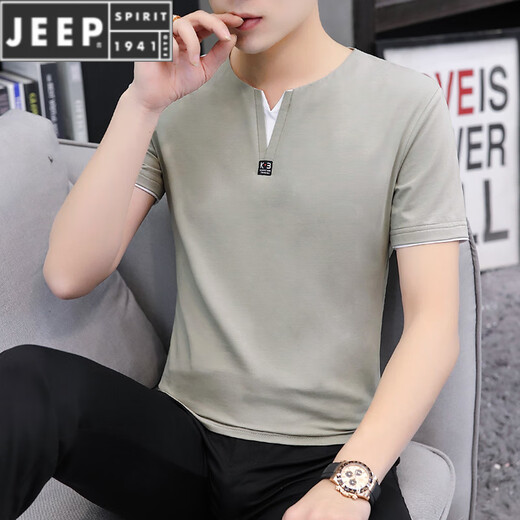 
JEEP SPIRIT summer new men's short-sleeved solid color slim chicken heart collar T-shirt cotton V-neck half-sleeved cool boys T-shirt trendy brand QY-691 V-neck-white XL 120-135Jin [Jin equals 0.5 kg]