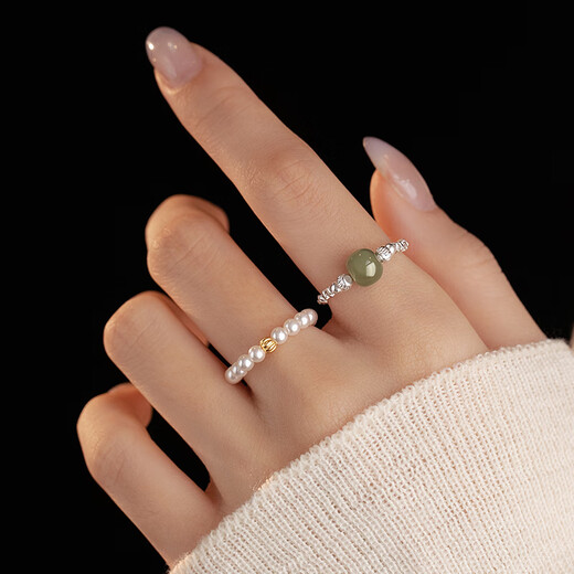 Xiangnan 925 sterling silver Hetian jade broken silver pearl ring plain ring for wife niche high-end gift girl birthday index finger ring 925 silver broken silver ring