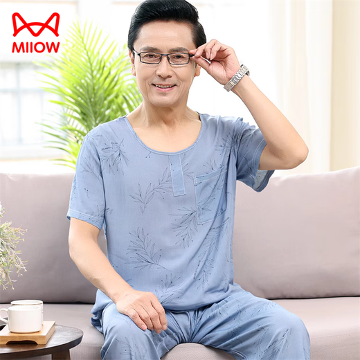 Catman (Miiow) Herren-Pyjamas Baumwollseide Sommer kurzärmelige lange Hose Baumwolle mittlere Alters und älterer dünner Stil Künstliche Baumwolle Runde Hals-Kleidung 2691 3xl empfohlen 160-190jin [Jin gleich 0,5 kg]