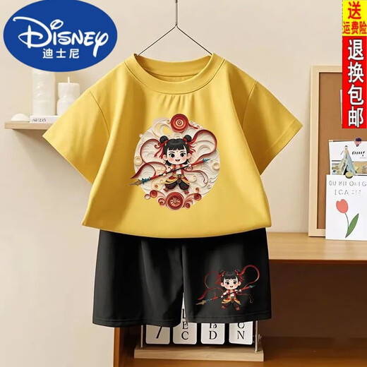 迪士尼哪吒之魔童闹海男童女童纯棉短袖25新款夏季新款儿童短裤套装两件 1092#后包T白+小1098#黑短裤 90