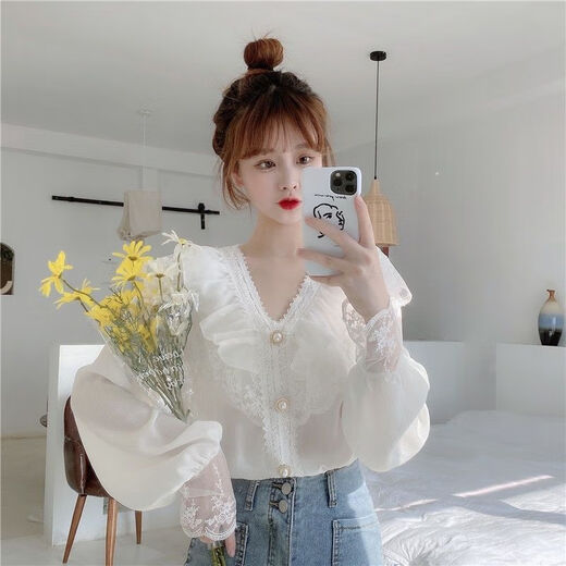 
Yu Zhaolin (YUZHAOLIN) [2694 people collect] 2025 summer new short-sleeved T-shirt for women's tops fashionable lace ruffled V-neck shirt white short-sleeved M