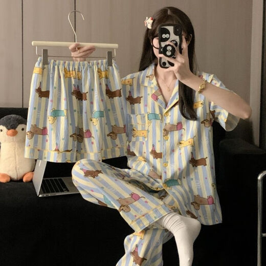 另约带胸垫一体睡衣女款夏季云朵棉短袖2025新款卡通腊肠狗大码三件套 H9929 眼镜狗 没有胸垫 4XL