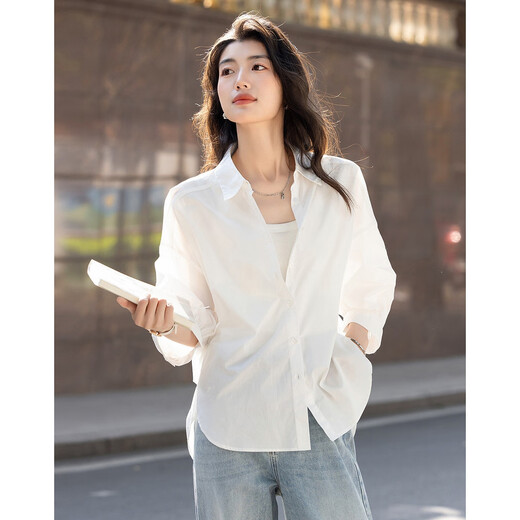 Demana pure cotton 100 white shirt, summer simple lapel, contrasting color buckle, five-quarter sleeve shirt, women's top