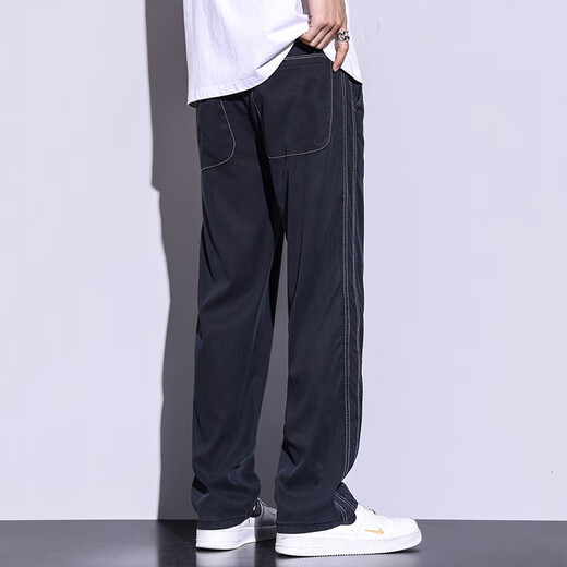 百圆裤业（BAIYUAN TROUSERS）莱赛尔天丝休闲裤宽松夏季薄款阔腿长裤运动男士裤子潮流百搭新款 1048黑色 M