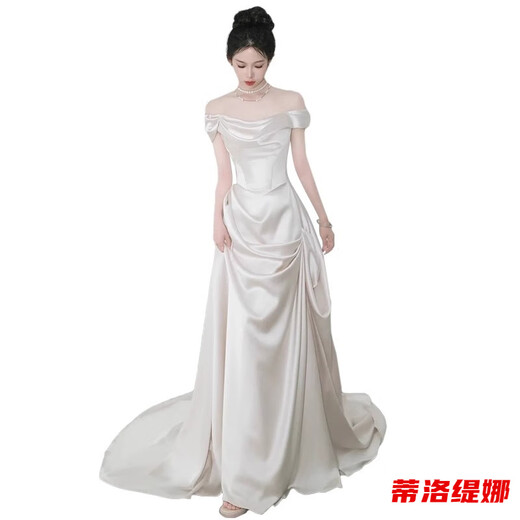 蒂洛缇娜缎面轻婚纱晚礼服女夏一字肩简约复古法式迎宾出门纱气质白色订婚 白色 M