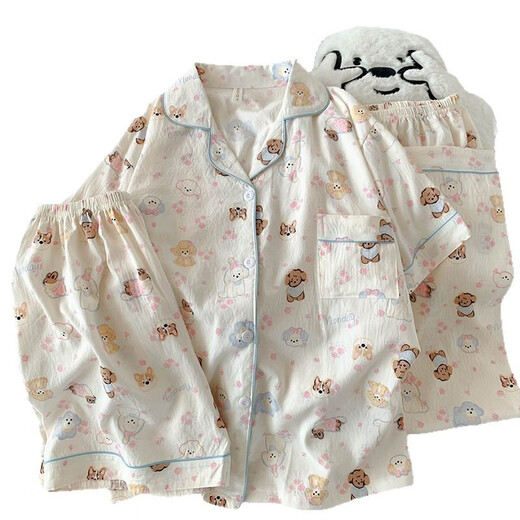 
S.SOFEA cloud cotton pajamas for women summer puppy cartoon short-sleeved three-piece home clothes for outdoor wear 9904# Corgi 185 XXL