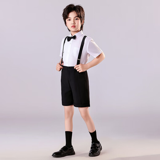 安妮优儿儿童礼服男童套装主持人演出服小男孩花童表演西装夏 黑色  150