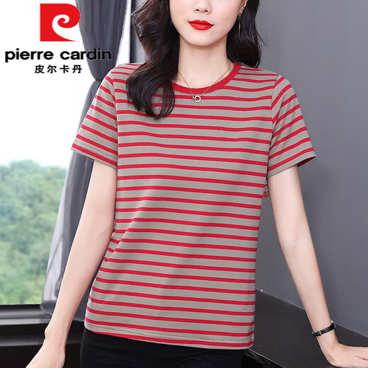 Pierre Cardin Pure Pure Cotton Striped Kurzärmelte T-Shirt für Frauen und Mütter mittleren Alters im Sommer Neue große, lockere Bauch- und Abschläge von Top 653# Kurzärärmig [blau-Brown] M Empfohlen 80-100jin [Jin gleich 0,5 kg]