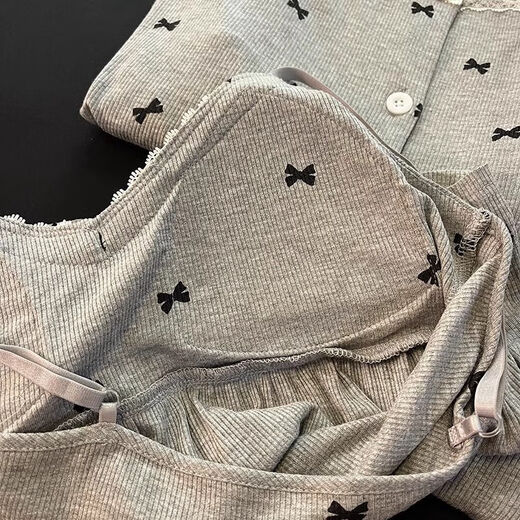 FHHUABD带棉垫睡衣女春秋季莫代尔保暖长袖灰色吊带蝴蝶结家居服三件套装 6621#.黑色 -莫代尔三件套 M 建议75-100斤