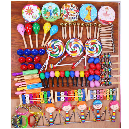 Triple Luolf Percussion Instrument Set Geschenkbox Kindergarten Frühbildung Aufklärungs Musikunterricht AIDS Spielzeug Schlagzeug Robe Drums Sand Hammer Cartoon Tiere 28 Stücke Lieferbox