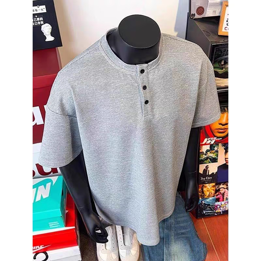 
Miao Yijia men's short-sleeved T-shirt for men loose casual summer men's Henry shirt half-sleeved base shirt top half-sleeved inner grey waffle short-sleeved XL