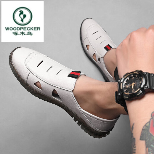 Woodpecker summer leather sandals men's soft sole soft face men's casual versatile hollow sandals hole shoes non-slip driving shoes white 6625 38