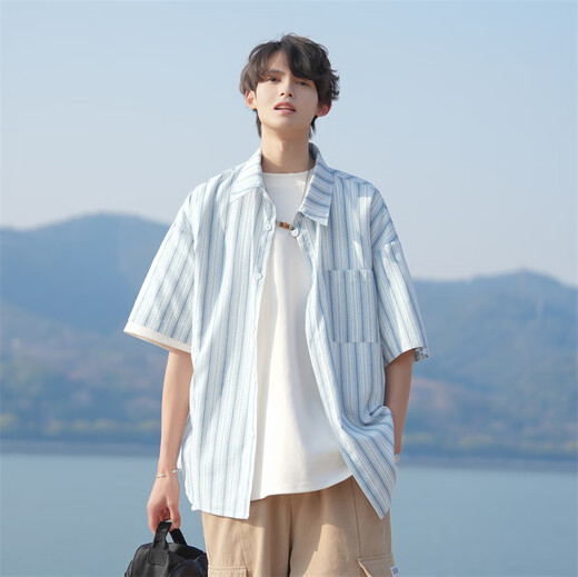 
Maitu striped short-sleeved shirt for men summer thin 2025 new loose casual men student versatile shirt jacket off white M
