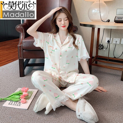 
Modal French Palace Style Women's Ice Silk Pajamas Women's Summer 2025 New Sweet Lace Outdoor Home Clothing YFY-9905 [Short Sleeve Long Trousers] L [100-120Jin[Jin equals 0.5 kg]]