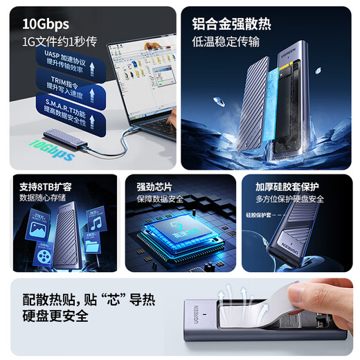 绿联 M.2 NVMe/SATA移动硬盘盒双协议 Type-C3.2固态硬盘盒 适用笔记本电脑苹果16外接SSD机械硬盘盒子 M.2 NVMe【10Gbps鳍纹散热】配CC线