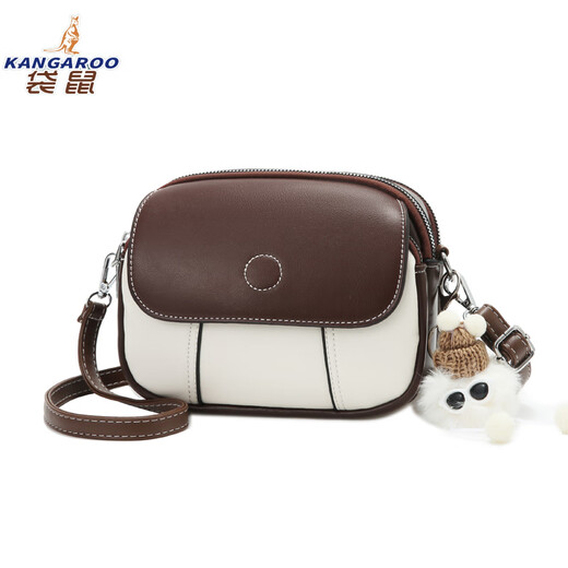 袋鼠（KANGAROO）包包女士春夏季新款时尚通勤软皮小圆包休闲单肩包洋气斜挎包 咖啡配白