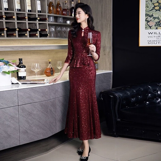 皮尔卡丹（pierre cardin）喜婆婆婚宴装旗袍晚礼服裙年轻妈m妈婚礼喜服高贵洋气亮片鱼尾春 酒红 XL