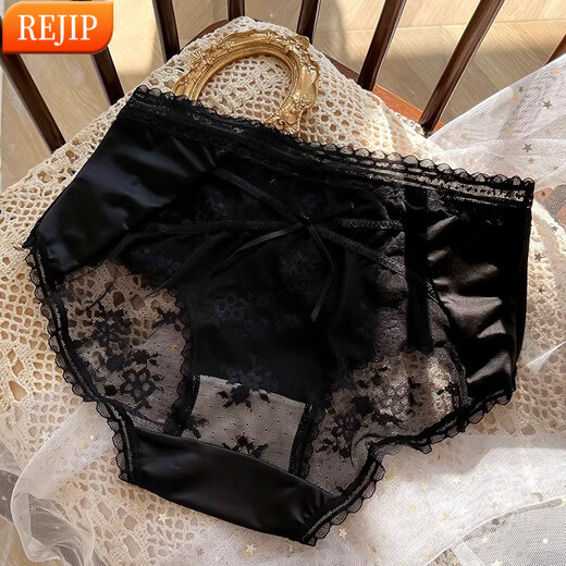 REJIP轻奢法式纯欲蕾丝内裤女性感提臀夏季薄款透气中腰绑带少女生私房 黑色 XL 120-140斤 3883
