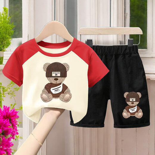 G.DUCKKIDS2025 Summer Children's Cotton Set Boys Thin T-shirt Handsome Short Sleeve Top Cartoon Casual Two-Piece Set 694#XT Short Green + 694# Gray Shorts Size 90 (Height 70-80cm)