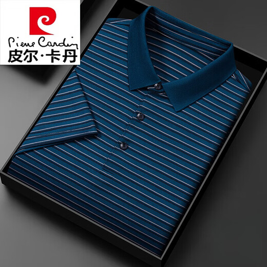 皮尔卡丹轻奢高端男士短袖T恤翻领夏季冰丝薄款中年条纹polo保衫上衣 13691#藏青 13691#藏青 XL 52建议140-155斤