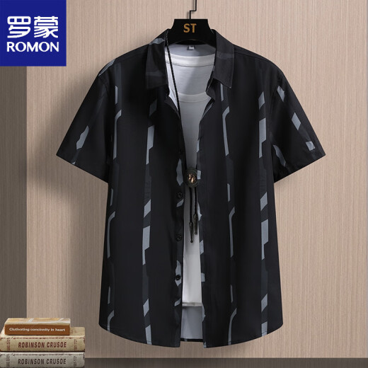 ROMON ice silk short-sleeved shirt men's elastic summer thin printed casual shirt half-sleeved stretch shirt without ironing handsome FJL7027 black M [95-110Jin[Jin equals 0.5 kg]]