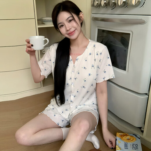 Yalu chest pad short-sleeved pajamas summer cardigan jacquard cotton home clothing princess style print double short set DW683 blue flower (with chest pad) XL (120-140Jin[Jin equals 0.5 kg])