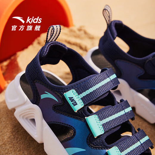 ANTA Children's Sandals Boys' Shoes 2025 Summer New Velcro Outdoor Arch Open Toe Sandals New Ink Blue-5 30
